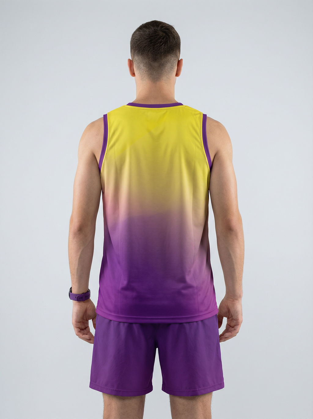 PLAYERA TANK HOMBRE SIN MANGAS AMARILLO MORADO MIXED DEGRADADO