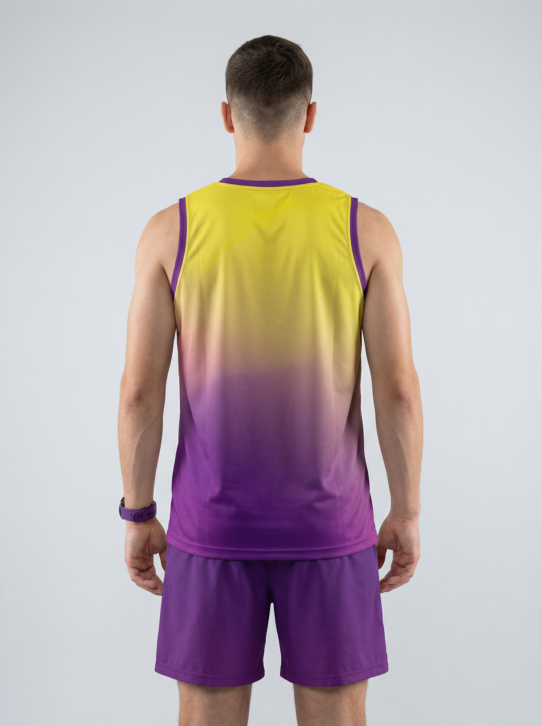 PLAYERA TANK HOMBRE SIN MANGAS AMARILLO MORADO MIXED DEGRADADO