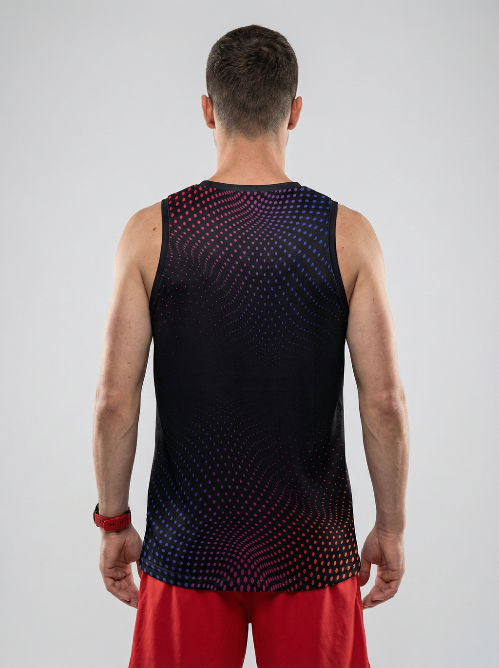 PLAYERA TANK HOMBRE SIN MANGAS NEGRA PUNTOS AZUL ROSA ROJO