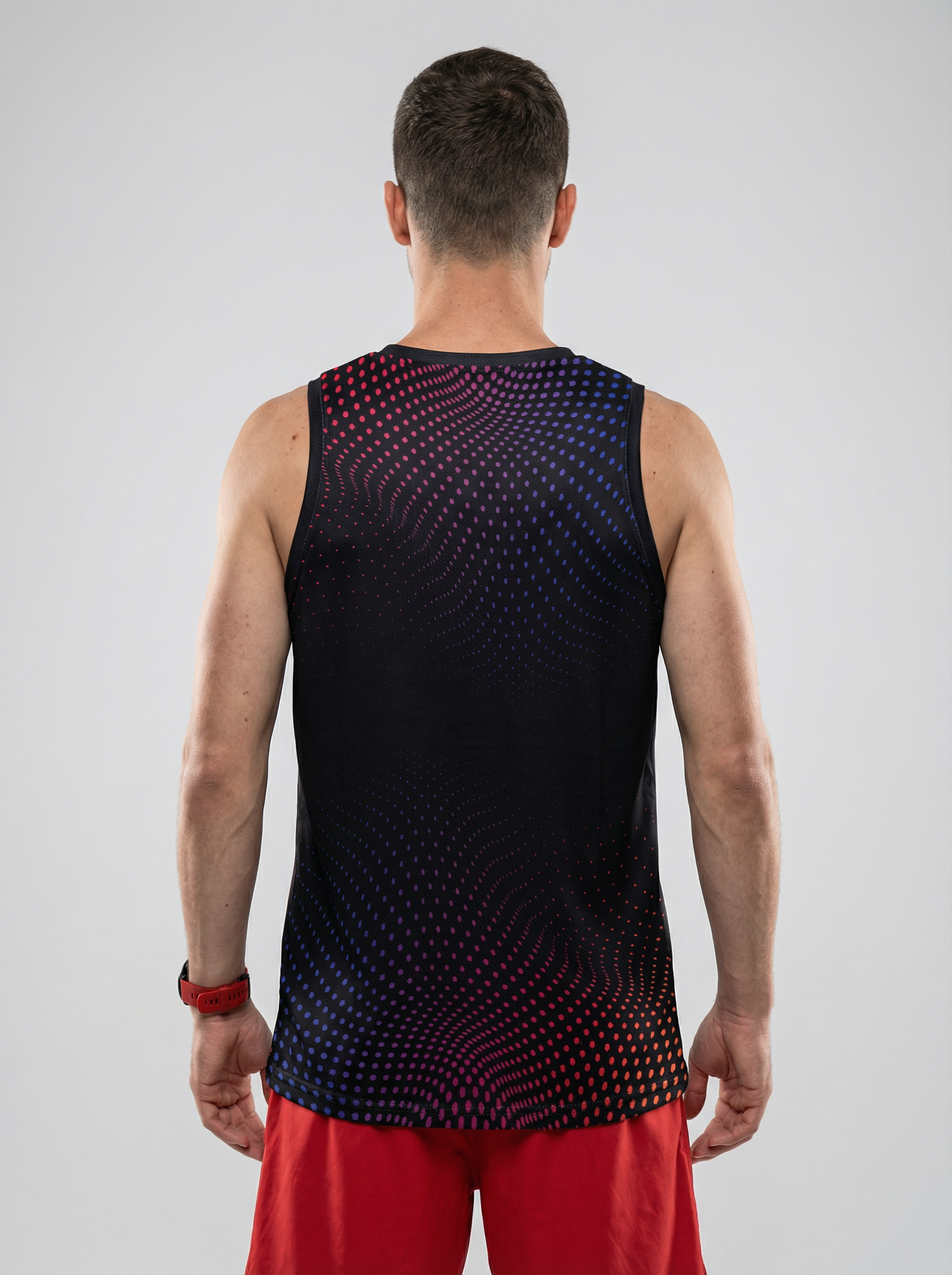 PLAYERA TANK HOMBRE SIN MANGAS NEGRA PUNTOS AZUL ROSA ROJO