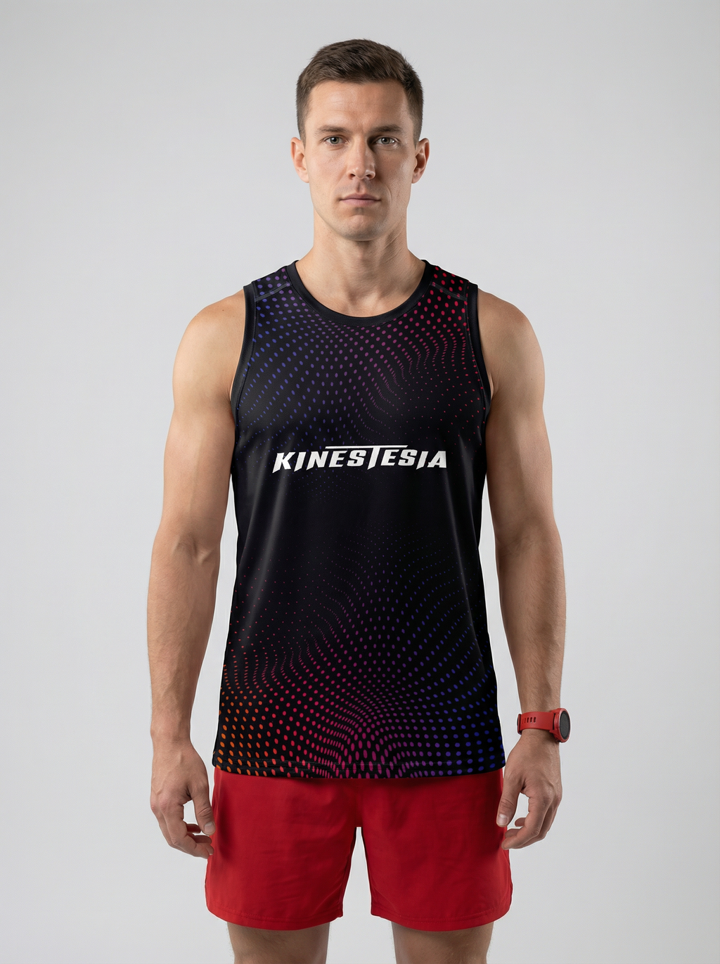 PLAYERA TANK HOMBRE SIN MANGAS NEGRA PUNTOS AZUL ROSA ROJO