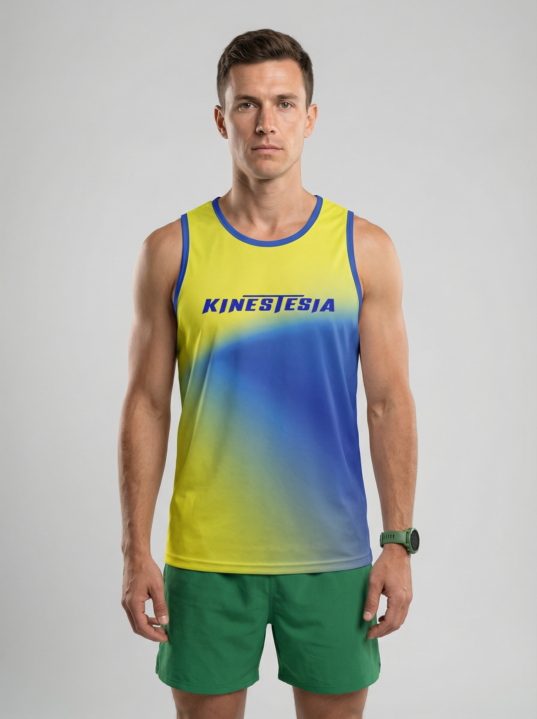 PLAYERA TANK HOMBRE SIN MANGAS AMARILLO AZUL MIXED DEGRADADO