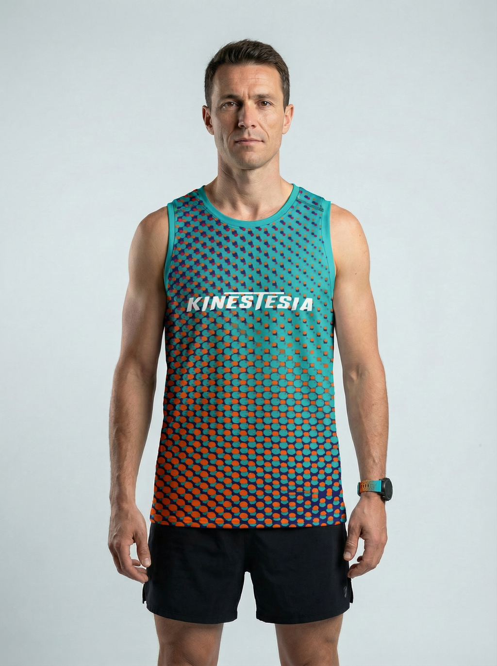 PLAYERA TANK HOMBRE SIN MANGAS PUNTOS TURQUESA NARANJA MIXED