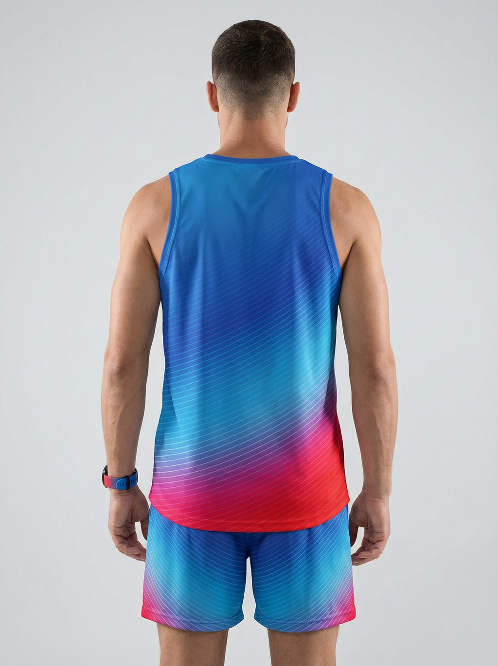 PLAYERA TANK HOMBRE SIN MANGAS AZUL FUCSIA ROJO MIXED DEGRADADO