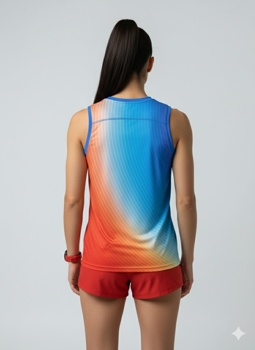 PLAYERA TANK MUJER SIN MANGAS AZUL NARANJA MIXED DEGRADADO