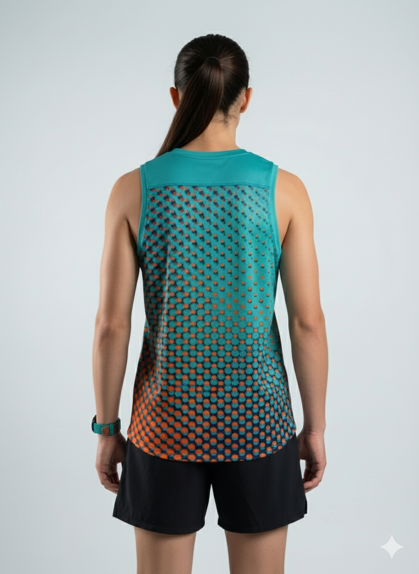 PLAYERA TANK MUJER SIN MANGAS PUNTOS TURQUESA NARANJA MIXED