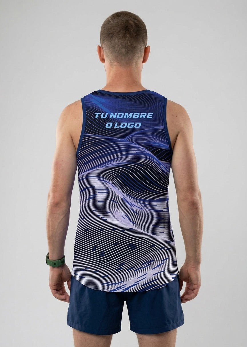 PLAYERA TANK HOMBRE SIN MANGAS AZUL MARINO LINEAS BLANCAS