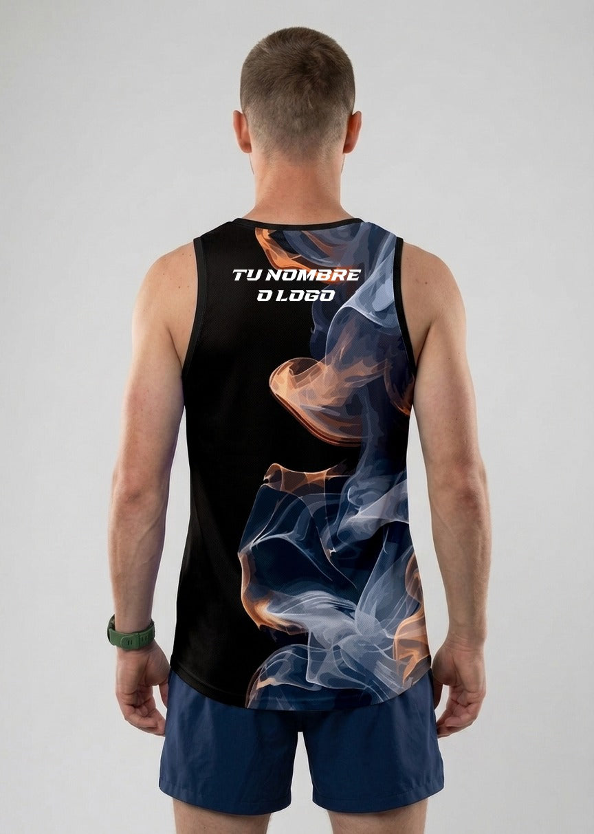 PLAYERA TANK HOMBRE SIN MANGAS NEGRA HUMO BLANCO ROJIZO