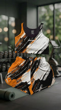 SET CONJUNTO TOP Y SHORT DEPORTIVO MUJER BLANCO NARANJA NEGRO DEGRADADO