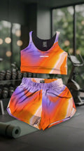 SET CONJUNTO TOP Y SHORT DEPORTIVO MUJER NARANJA LILA DEGRADADO