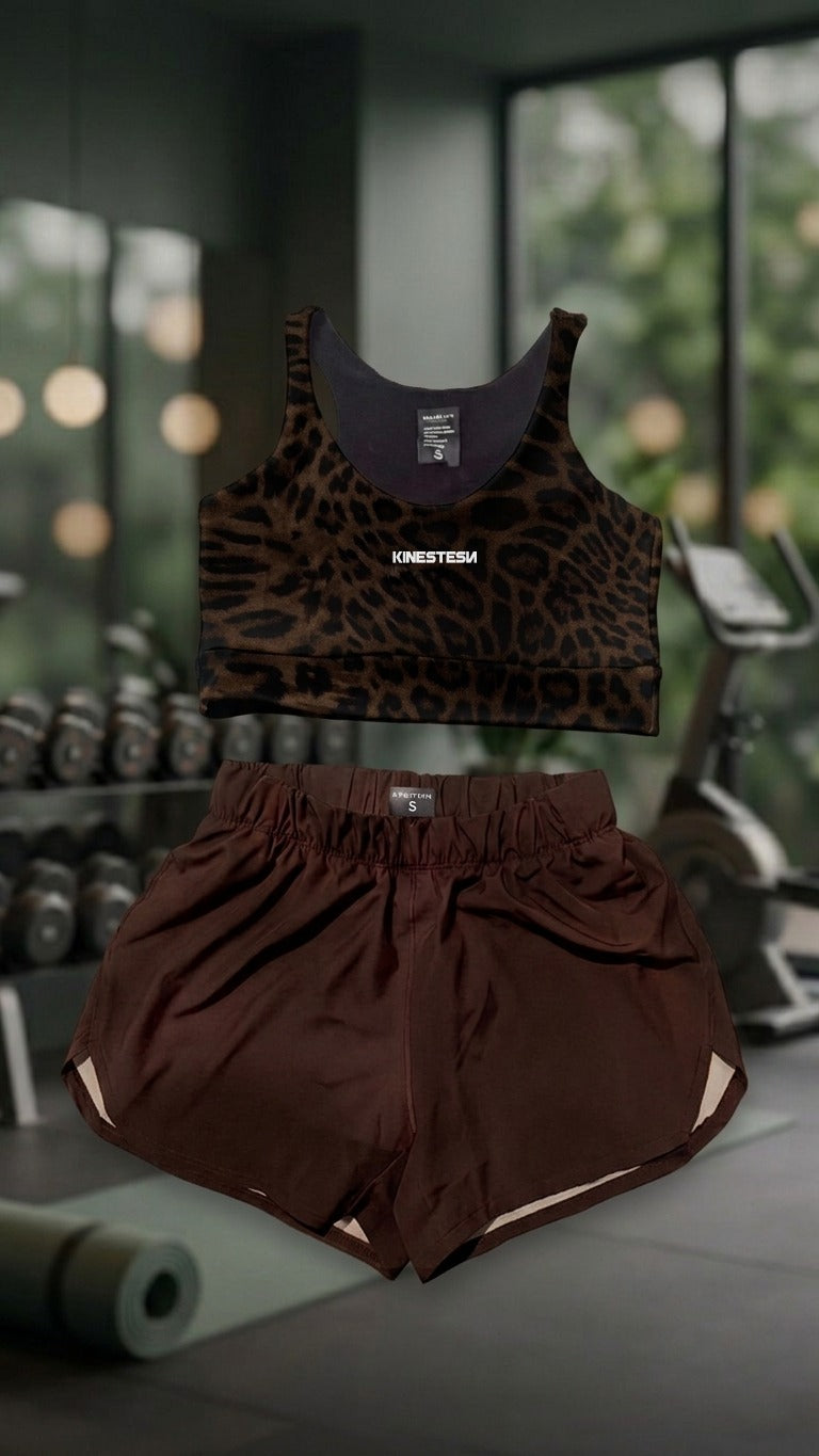 SET CONJUNTO TOP Y SHORT DEPORTIVO MUJER CAFE MOTEADO