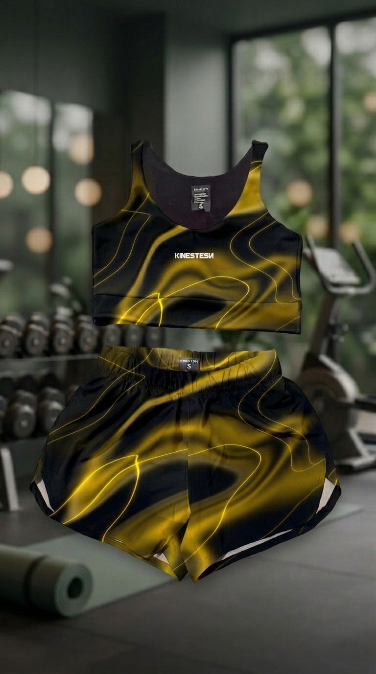 SET CONJUNTO TOP Y SHORT DEPORTIVO MUJER AMARILLO NEGRO DEGRADADO