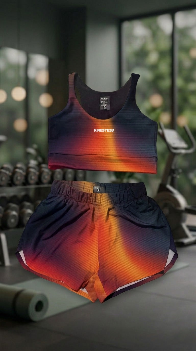 SET CONJUNTO TOP Y SHORT DEPORTIVO MUJER NEGRO NARANJA DEGRADADO