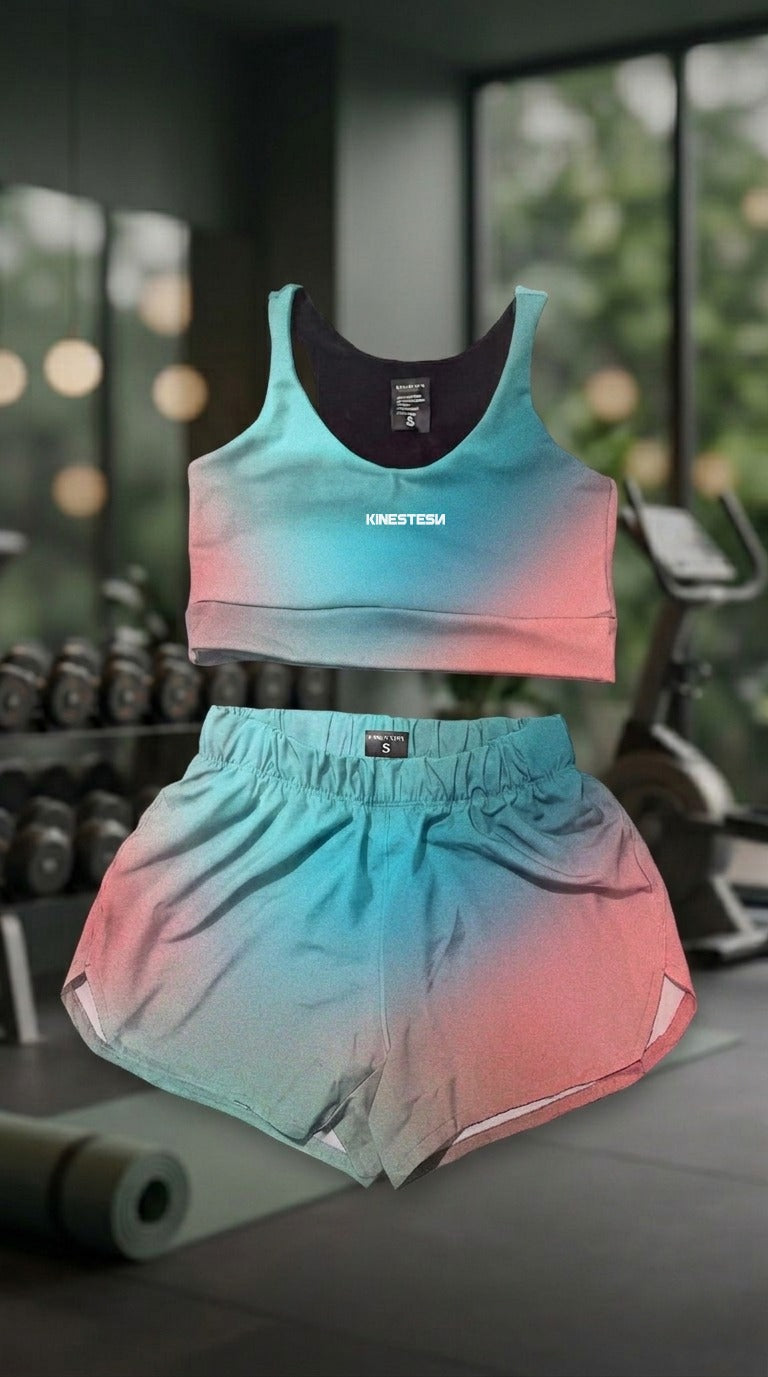 SET CONJUNTO TOP Y SHORT DEPORTIVO MUJER TURQUESA ROSA DEGRADADO