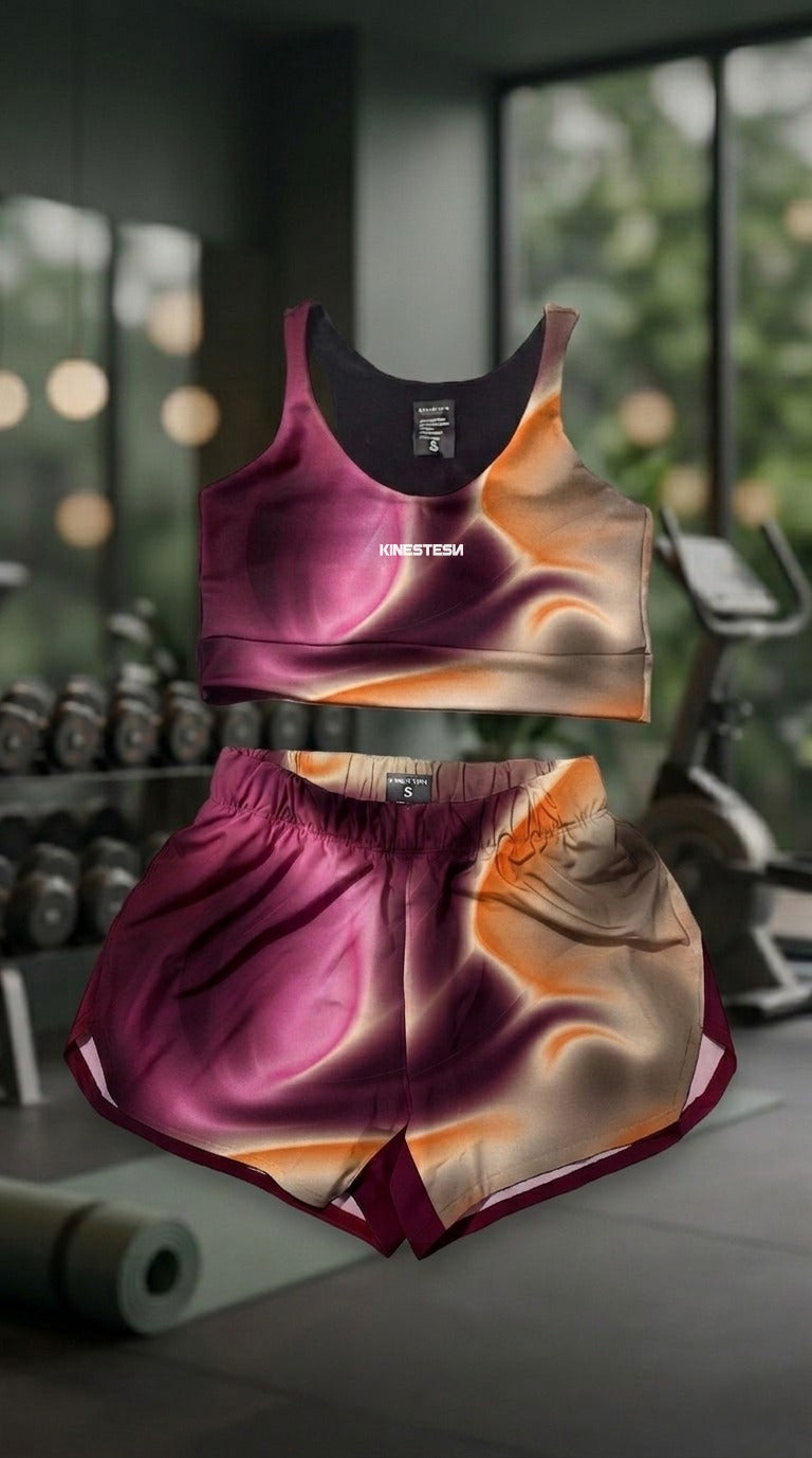 SET CONJUNTO TOP Y SHORT DEPORTIVO MUJER FUCSIA NARANJA MARRON DEGRADADO