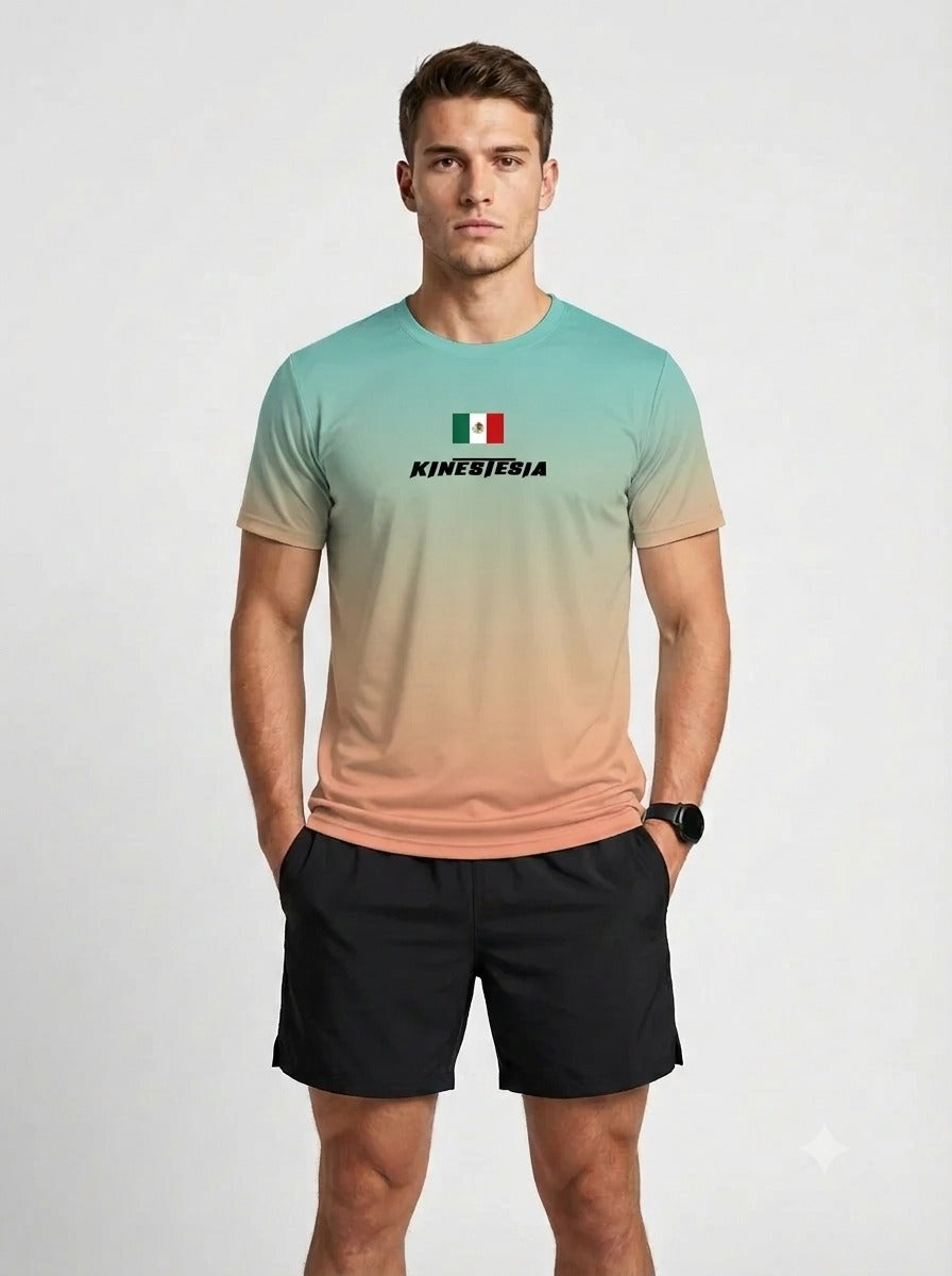 PLAYERA MANGA CORTA KINESTESIA VERDE DEGRADADO CORAL MÉXICO HOMBRE
