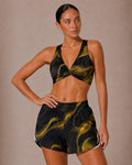 SET CONJUNTO TOP CRUZADO Y SHORT DEPORTIVO MUJER AMARILLO NEGRO DEGRADADO