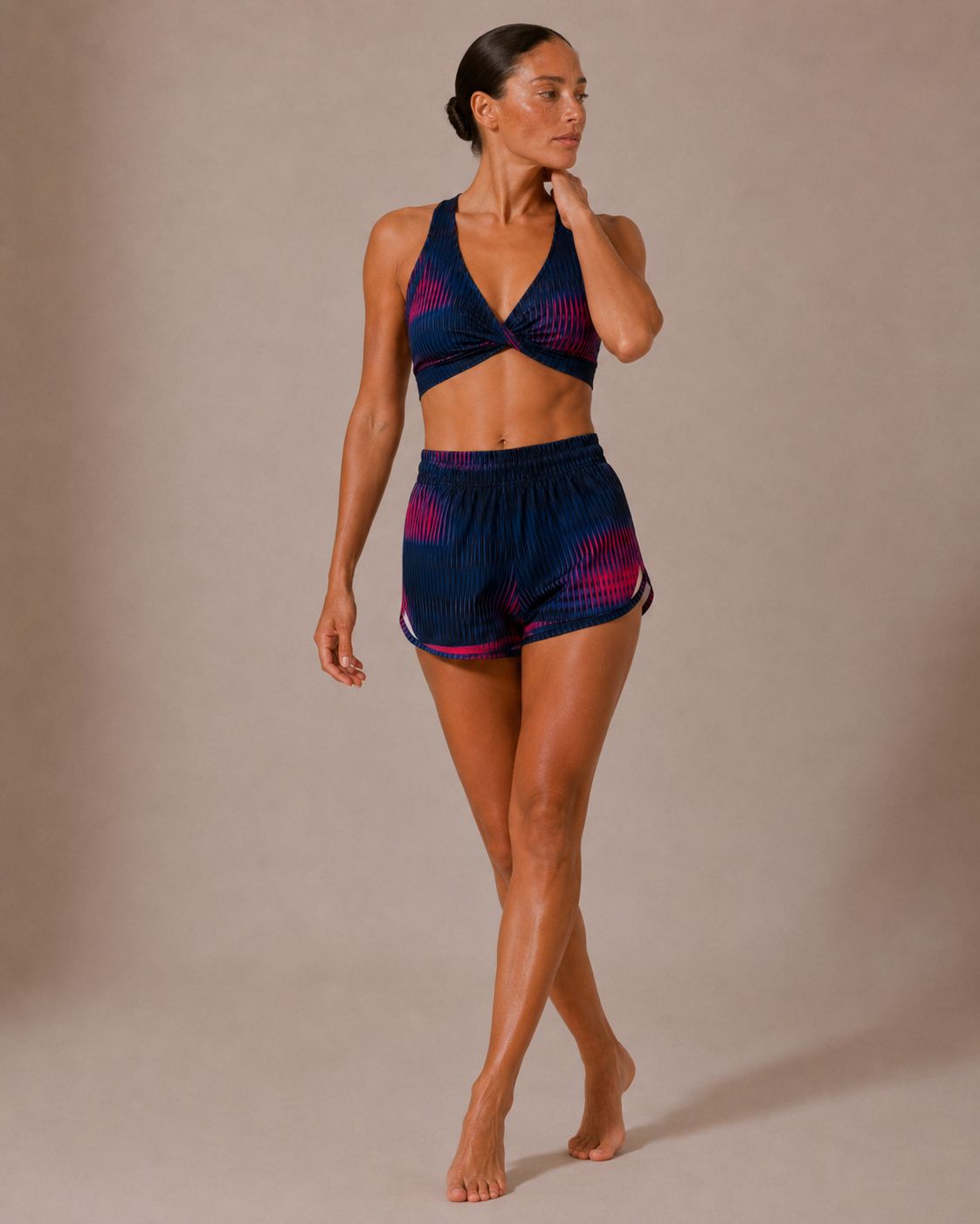 SET TOP CRUZADO Y SHORT DEPORTIVO MUJER AZUL ROJO DEGRADADO