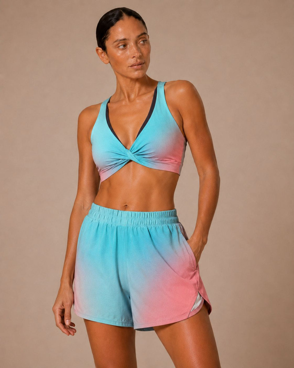 SET CONJUNTO TOP CRUZADO Y SHORT DEPORTIVO MUJER TURQUESA ROSA DEGRADADO