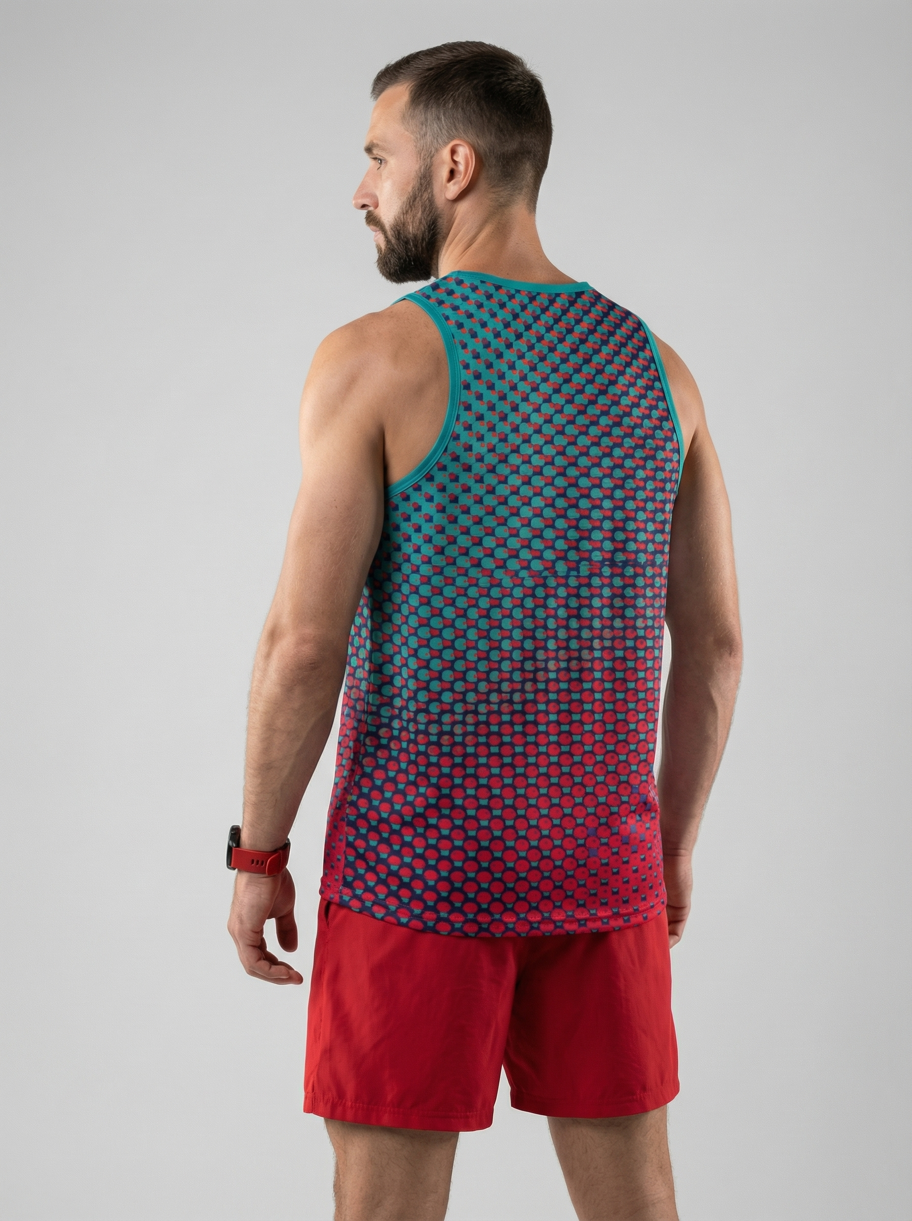 PLAYERA TANK HOMBRE SIN MANGAS PUNTOS VERDE ROJO MIXED
