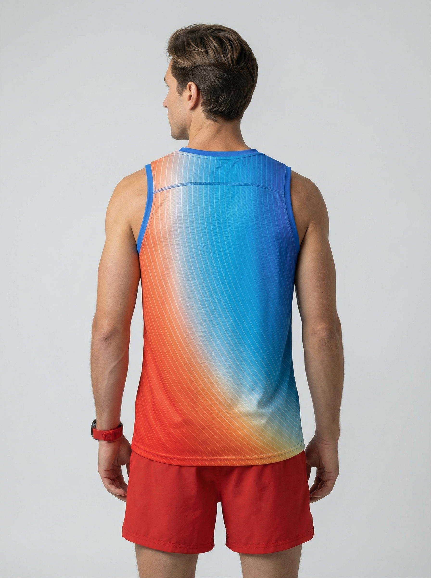 PLAYERA TANK HOMBRE SIN MANGAS AZUL NARANJA MIXED DEGRADADO