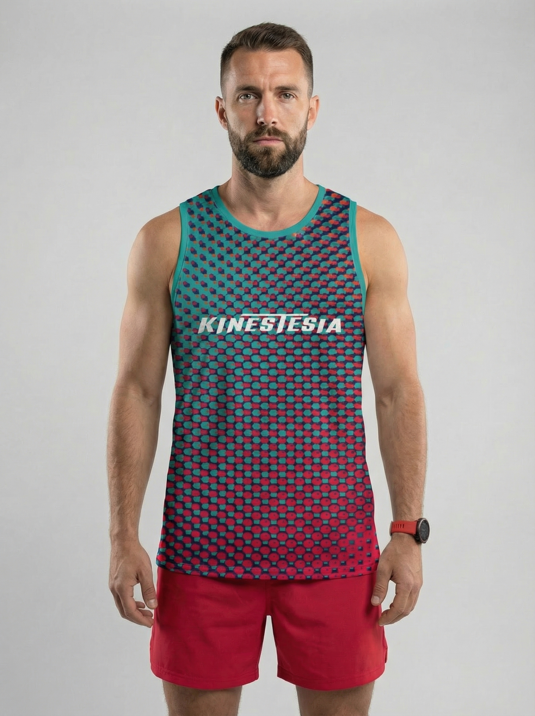 PLAYERA TANK HOMBRE SIN MANGAS PUNTOS VERDE ROJO MIXED