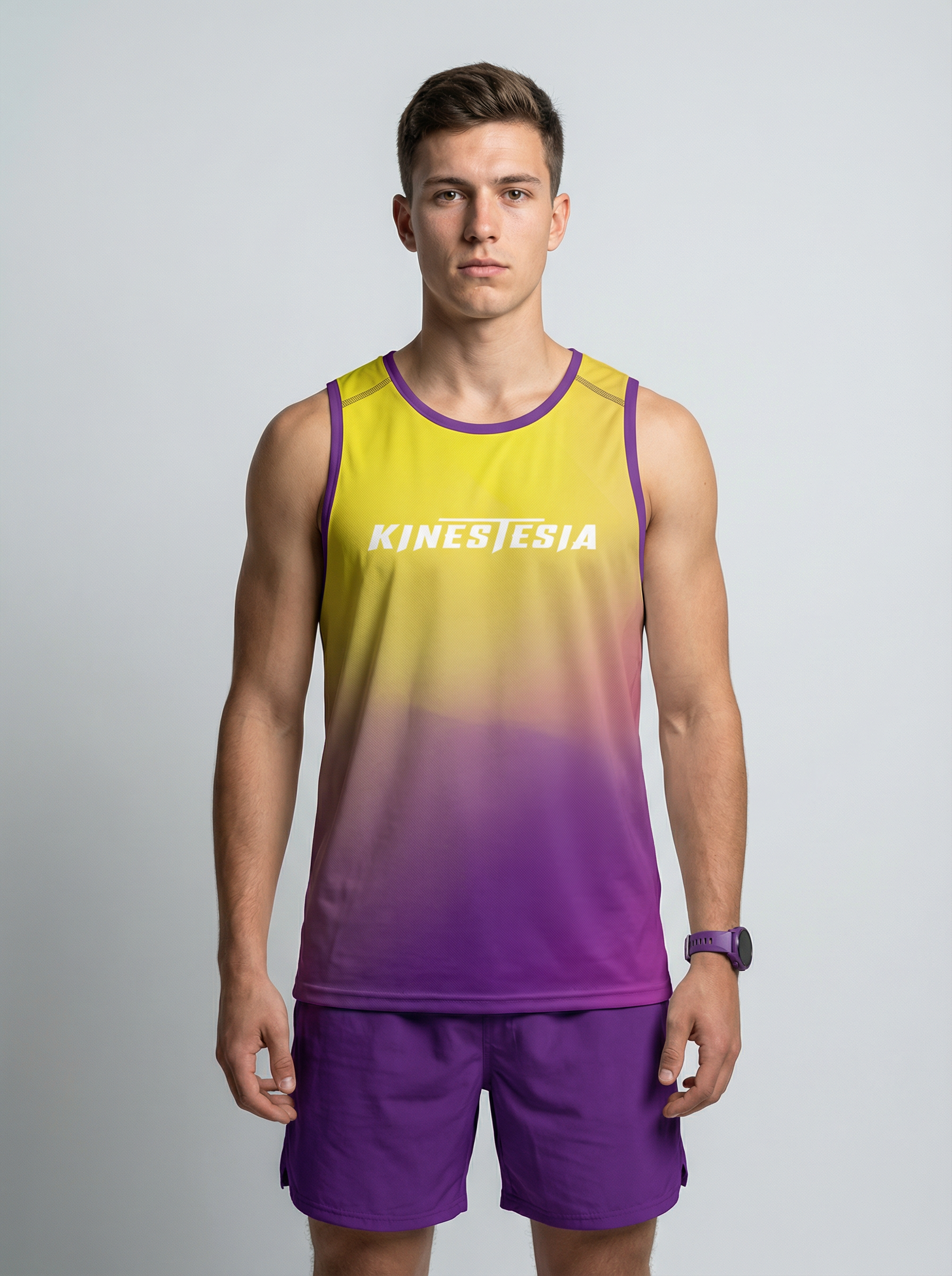 PLAYERA TANK HOMBRE SIN MANGAS AMARILLO MORADO MIXED DEGRADADO
